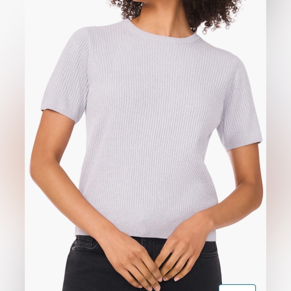 Halogen Light Gray Ribbed Short Sleeved Knit Crewneck Sweater Tag L Fits M/S
